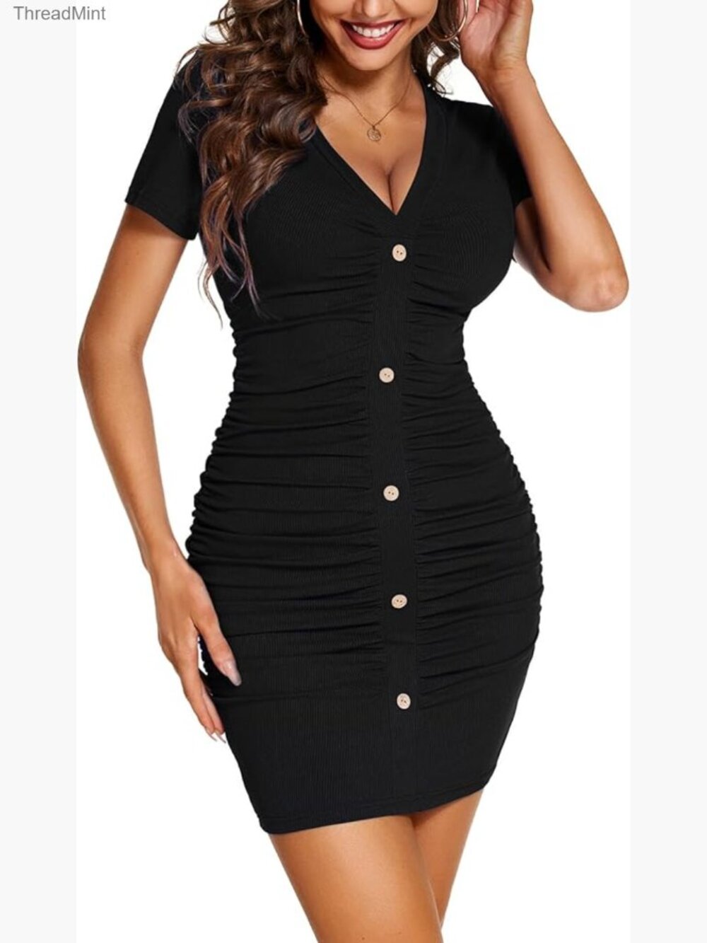 Ruched Bodycon Mini Dress V Neck Button Down Stretchy Fitted Club Night Out